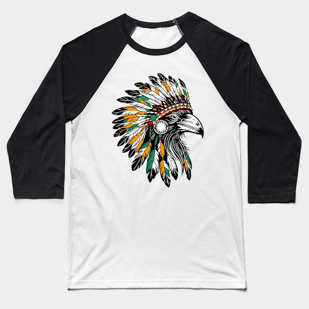 head of a raven wearing a traditional Indian feather headdress Baseball T-Shirt by InshynaArt